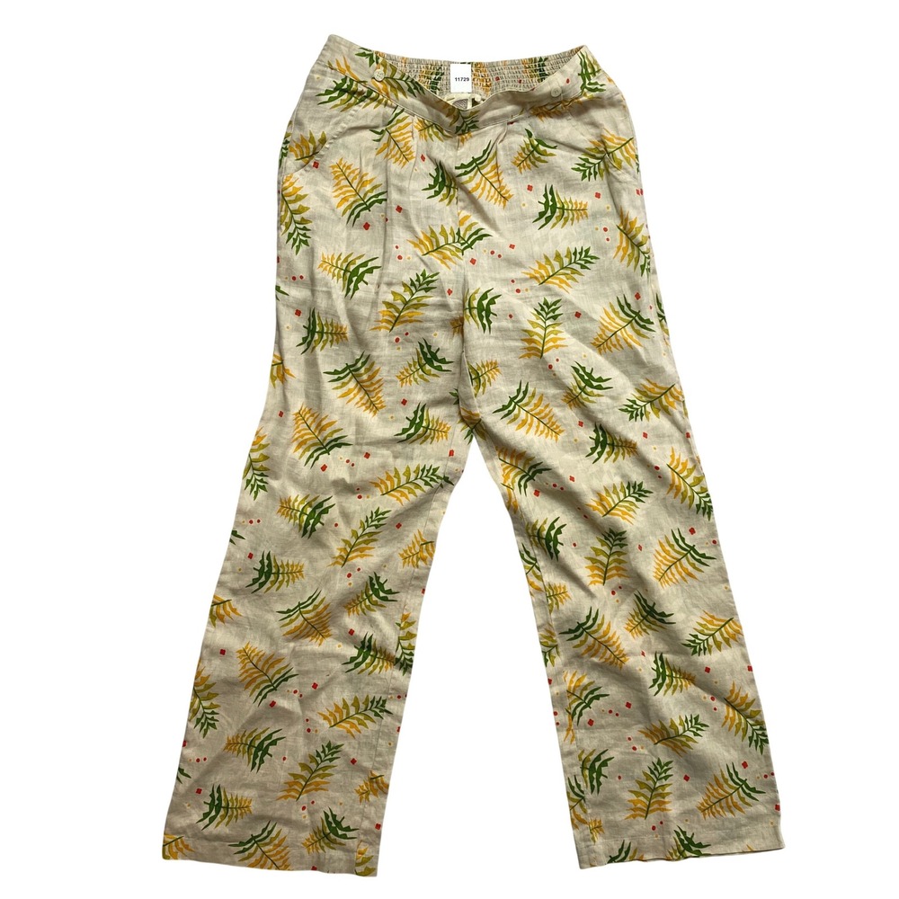 Silka Pants Womens Small Beige Linen Blend Fern Print Tropical Smocked Waist